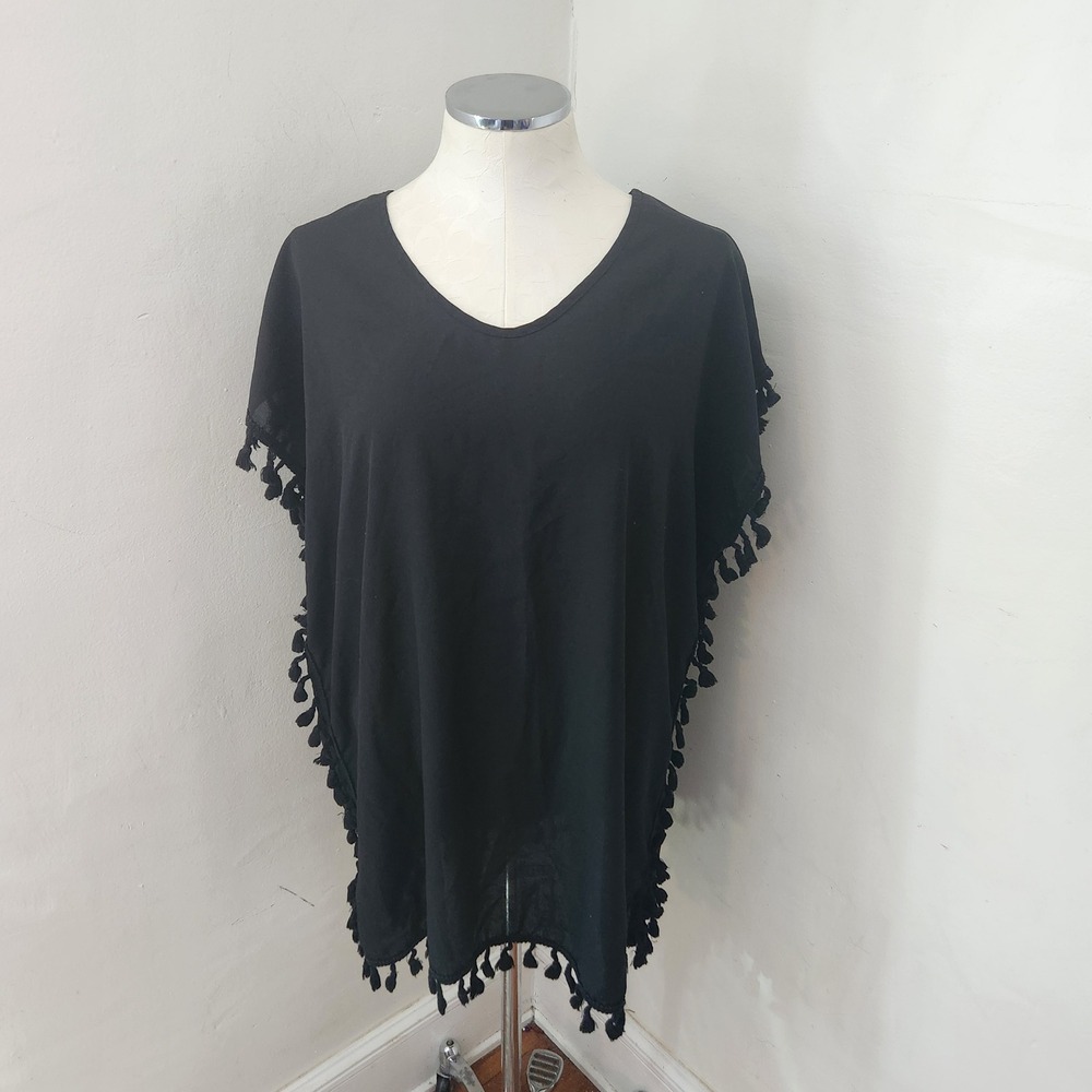 Yincra Black Tassel Trim V-Neck Swimsuit Cover Up‎ Kaftan Dress Womens Large